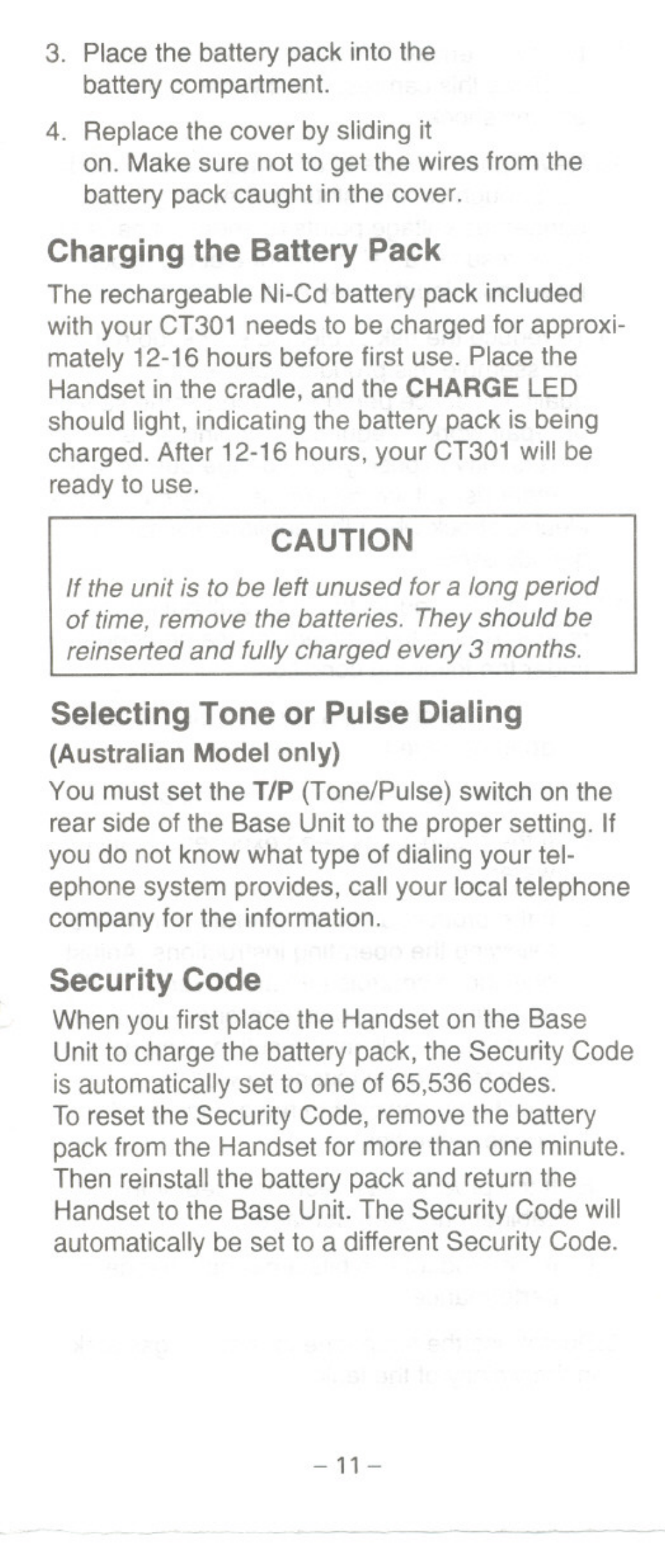 Charging the battery pack, Caution, Selecting tone or pulse dialing | Security code | Uniden CT301 User Manual | Page 11 / 21