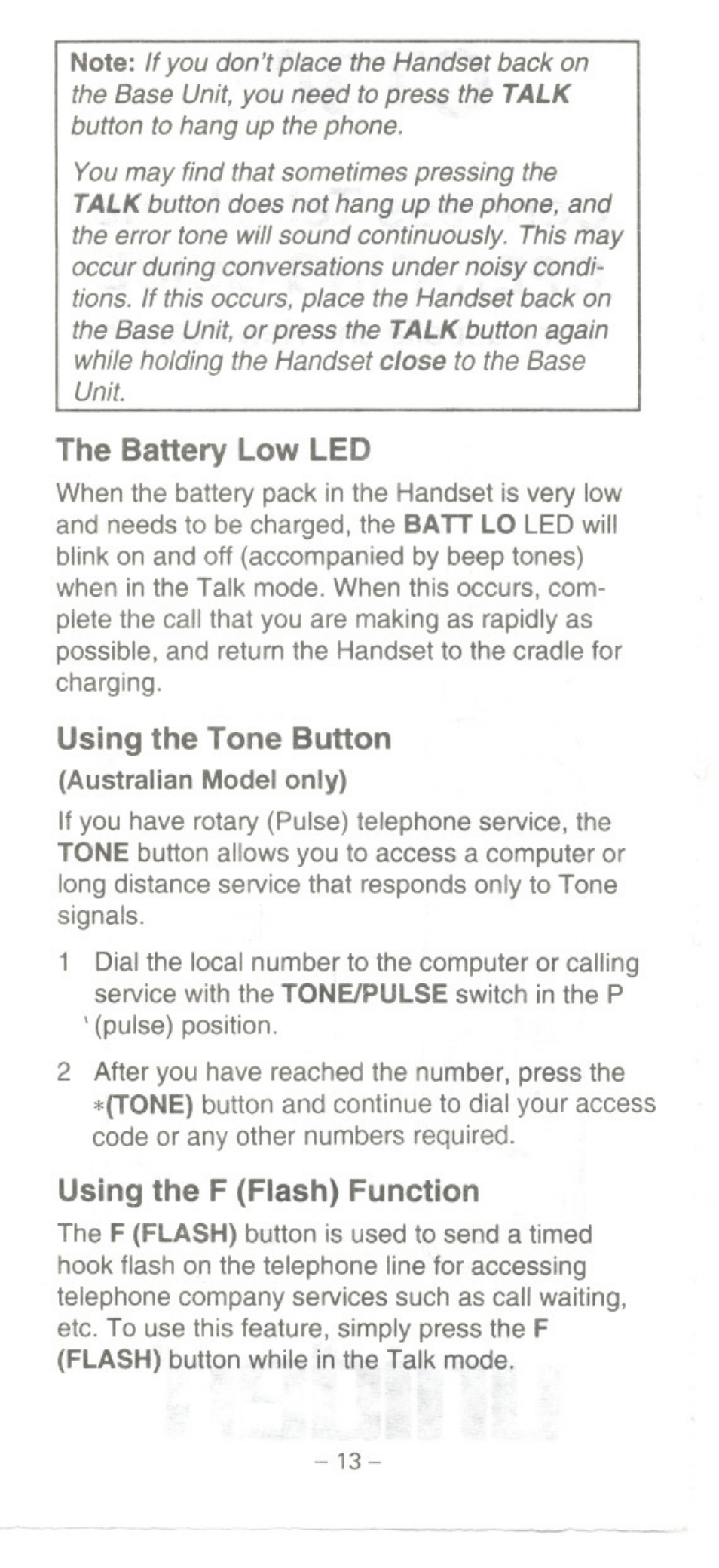 The battery low led, Using the tone button, Using the f (flash) function | Ватт lo, Tone, Tone/pulse, F(tone), F (flash), Flash) | Uniden CT301 User Manual | Page 13 / 21