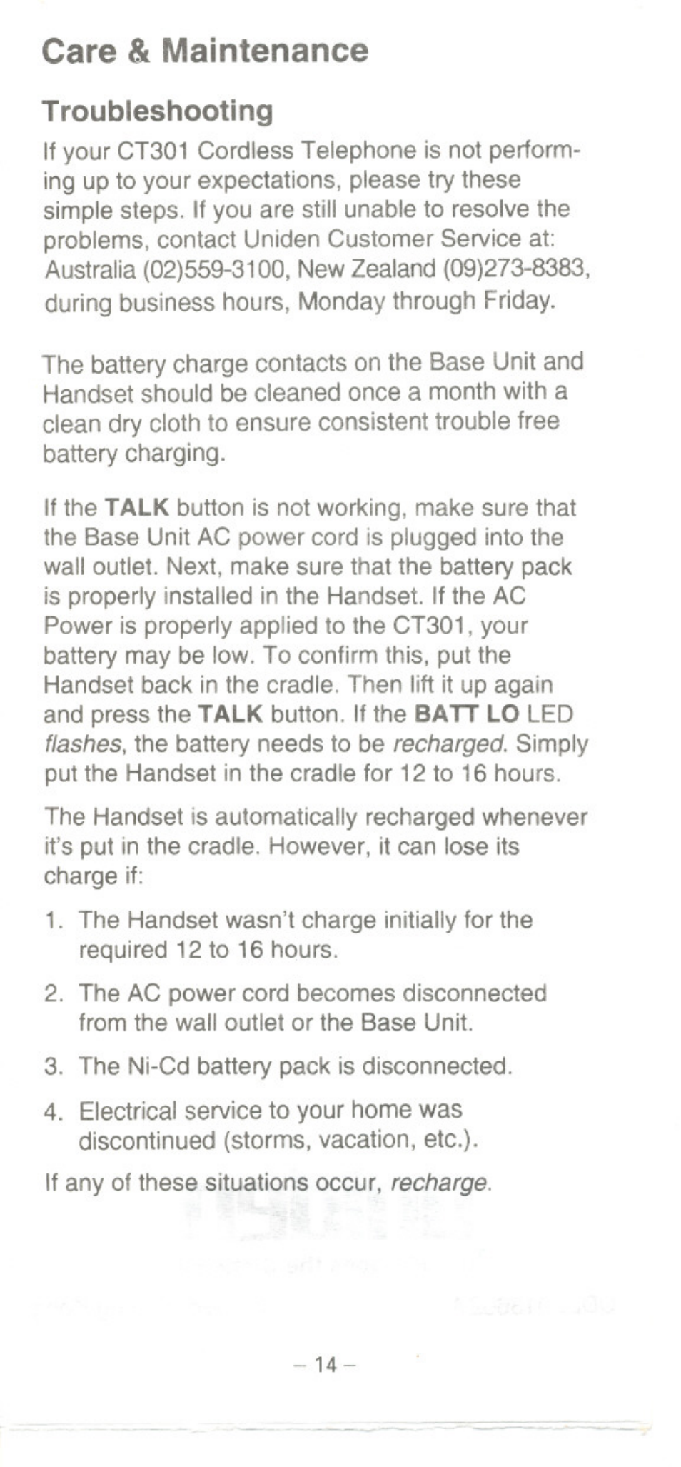 Care & maintenance, Troubleshooting, Talk | Ватт lo | Uniden CT301 User Manual | Page 14 / 21