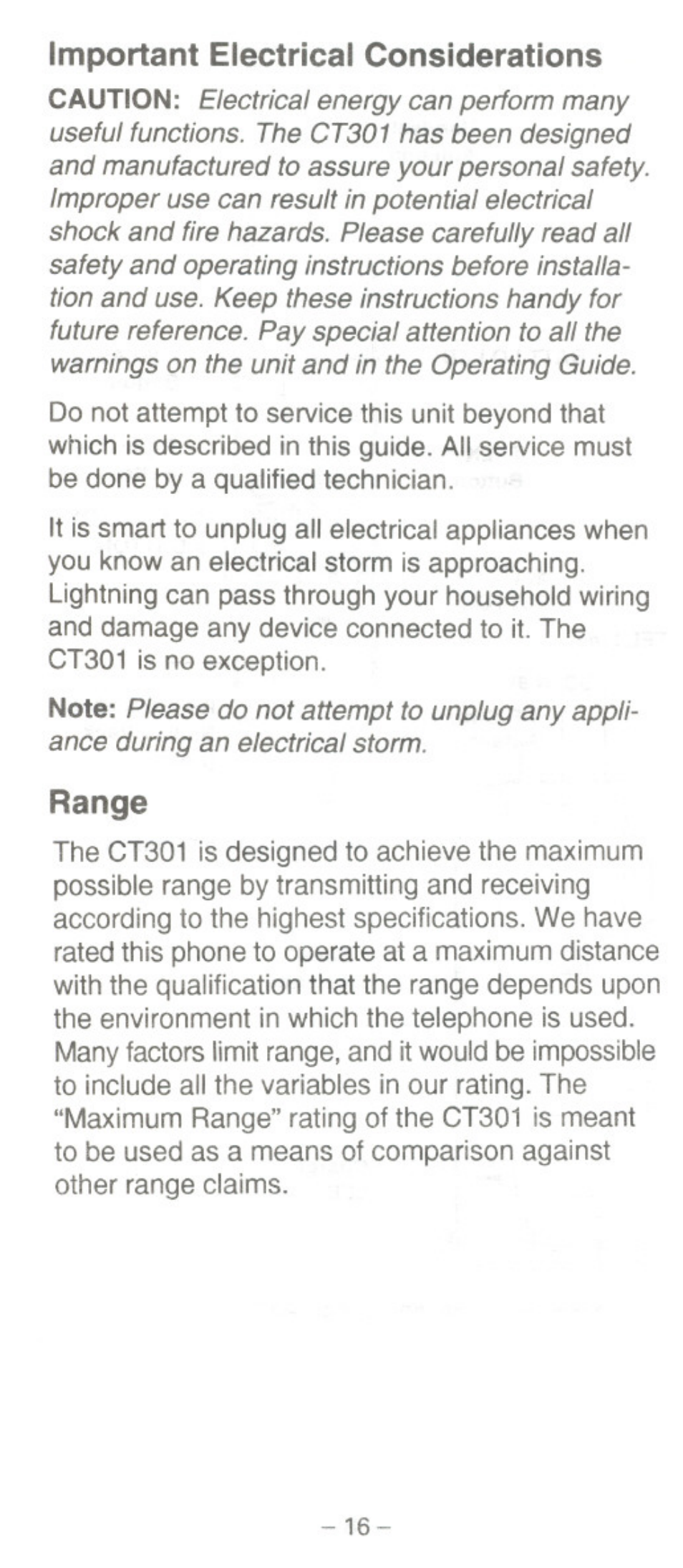 Important electrical considerations, Range | Uniden CT301 User Manual | Page 16 / 21