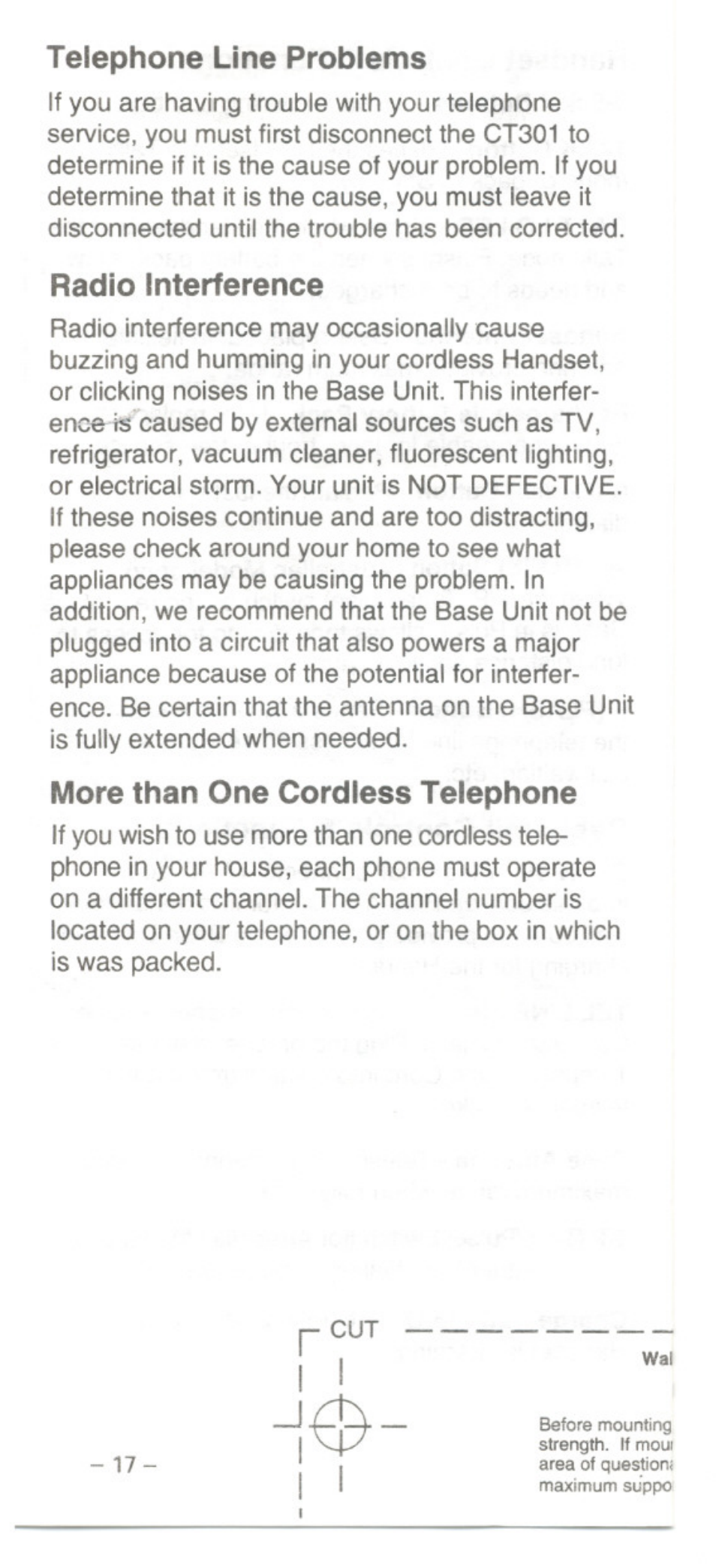 Telephone line problems, Radio interference, More than one cordless telephone | Uniden CT301 User Manual | Page 17 / 21