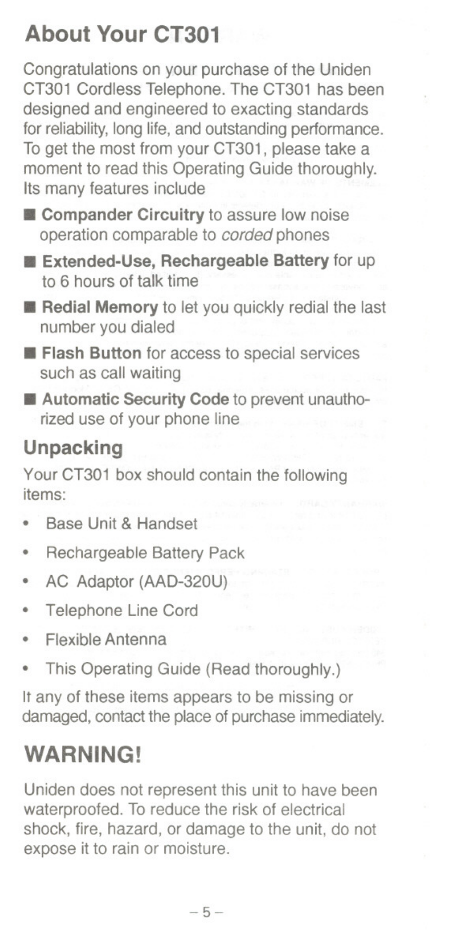 About your ct301, Unpacking, Warning | Uniden CT301 User Manual | Page 5 / 21