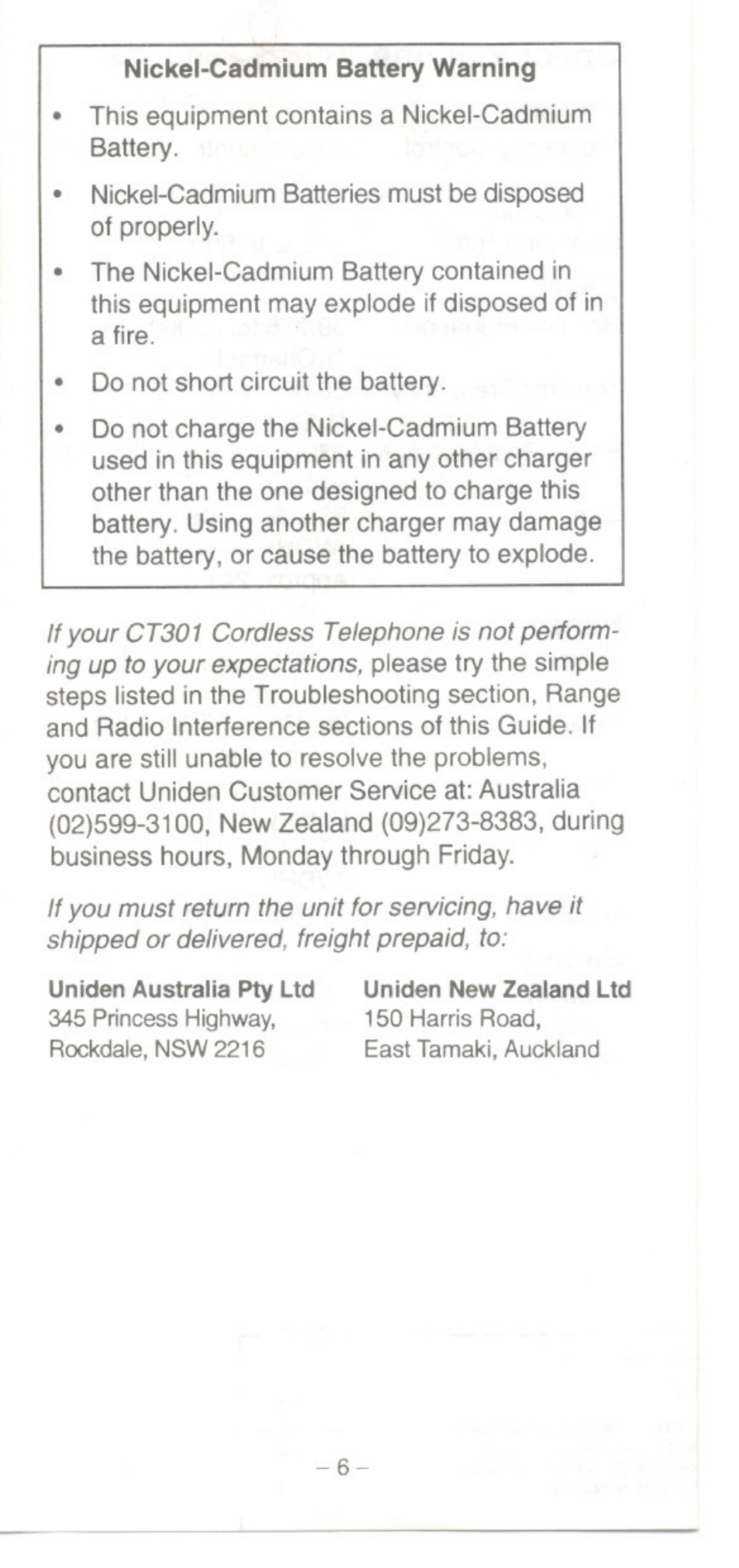 Nickel-cadmium battery warning, Uniden australia pty ltd, Uniden new zealand ltd | Uniden CT301 User Manual | Page 6 / 21