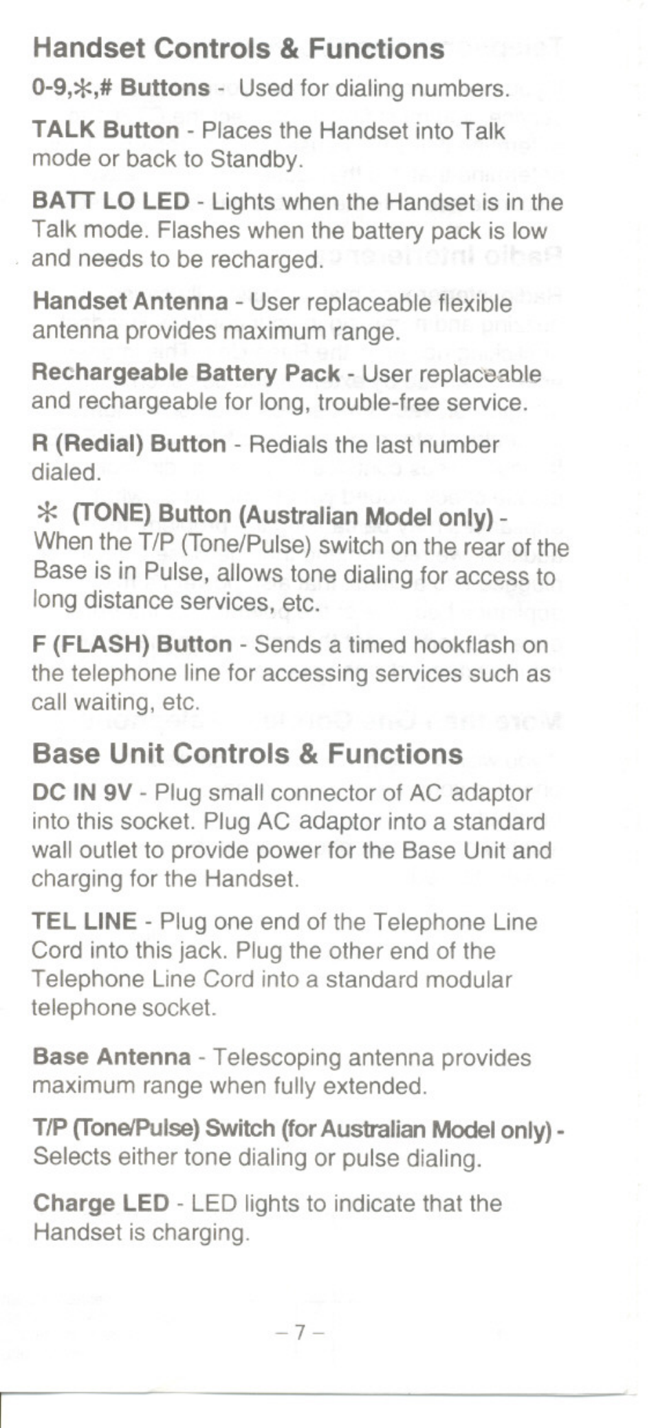 Handset controls & functions, Base unit controls & functions | Uniden CT301 User Manual | Page 7 / 21