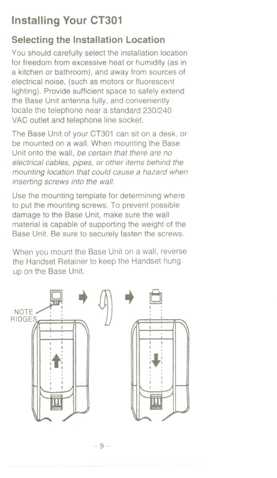 Installing your ct301, Selecting the installation location | Uniden CT301 User Manual | Page 9 / 21