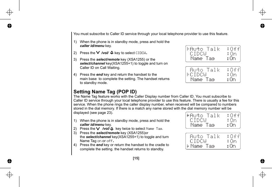Name tag :on, Setting name tag (pop id) | Uniden XSA1255 User Manual | Page 16 / 64