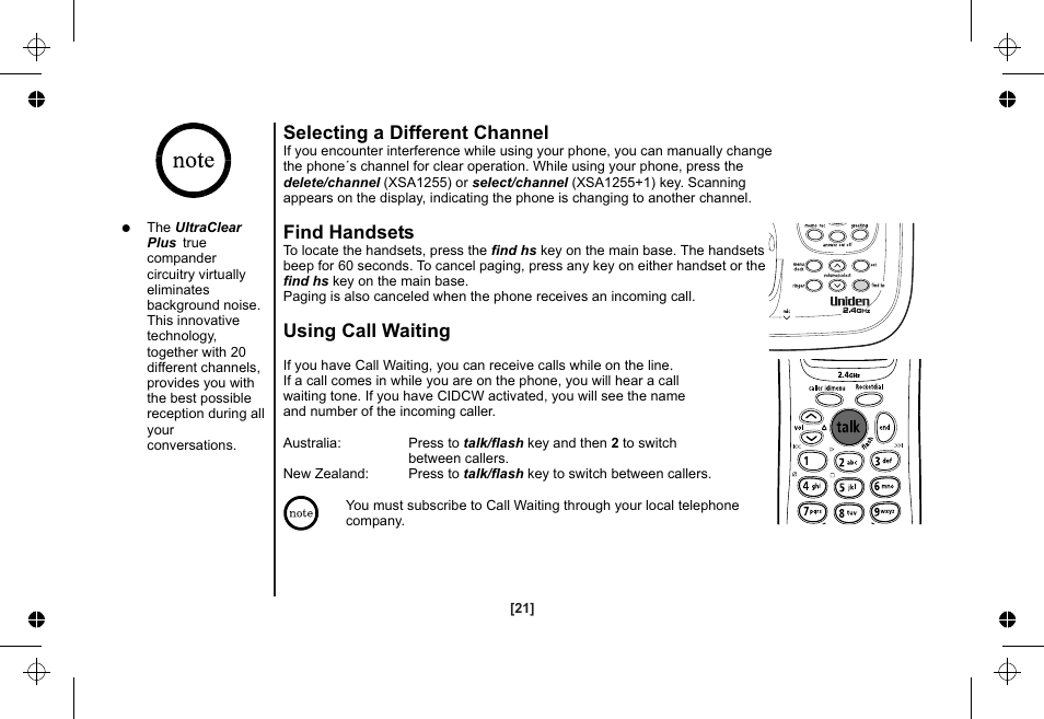 Selecting a different channel, Find handsets, Using call waiting | Uniden XSA1255 User Manual | Page 22 / 64