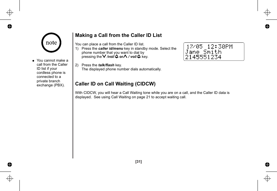 Making a call from the caller id list, Caller id on call waiting (cidcw) | Uniden XSA1255 User Manual | Page 32 / 64