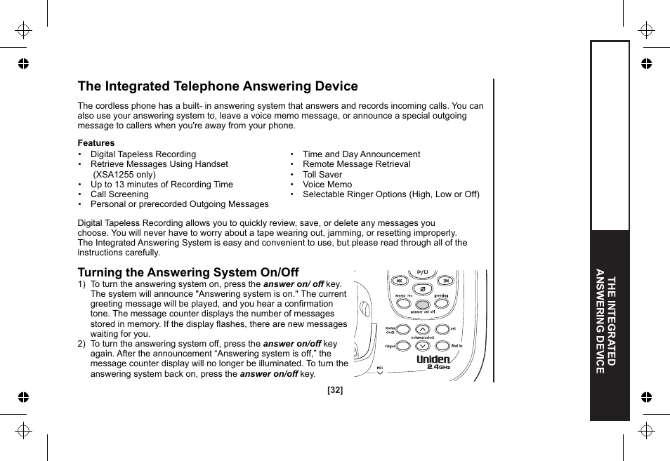The integrated telephone answering device, Turning the answering system on/off | Uniden XSA1255 User Manual | Page 33 / 64