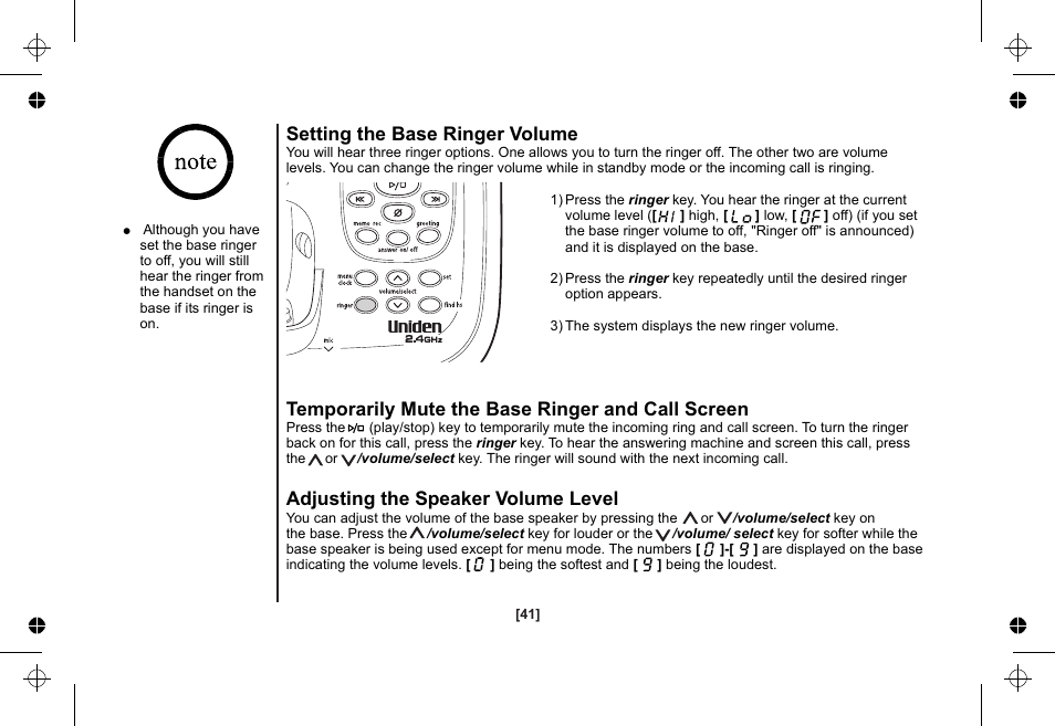 Setting the base ringer volume, Temporarily mute the base ringer and call screen, Adjusting the speaker volume level | Uniden XSA1255 User Manual | Page 42 / 64