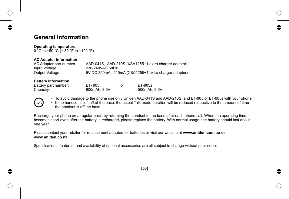 General information | Uniden XSA1255 User Manual | Page 54 / 64