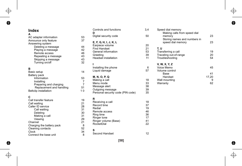 Index | Uniden XSA1255 User Manual | Page 59 / 64