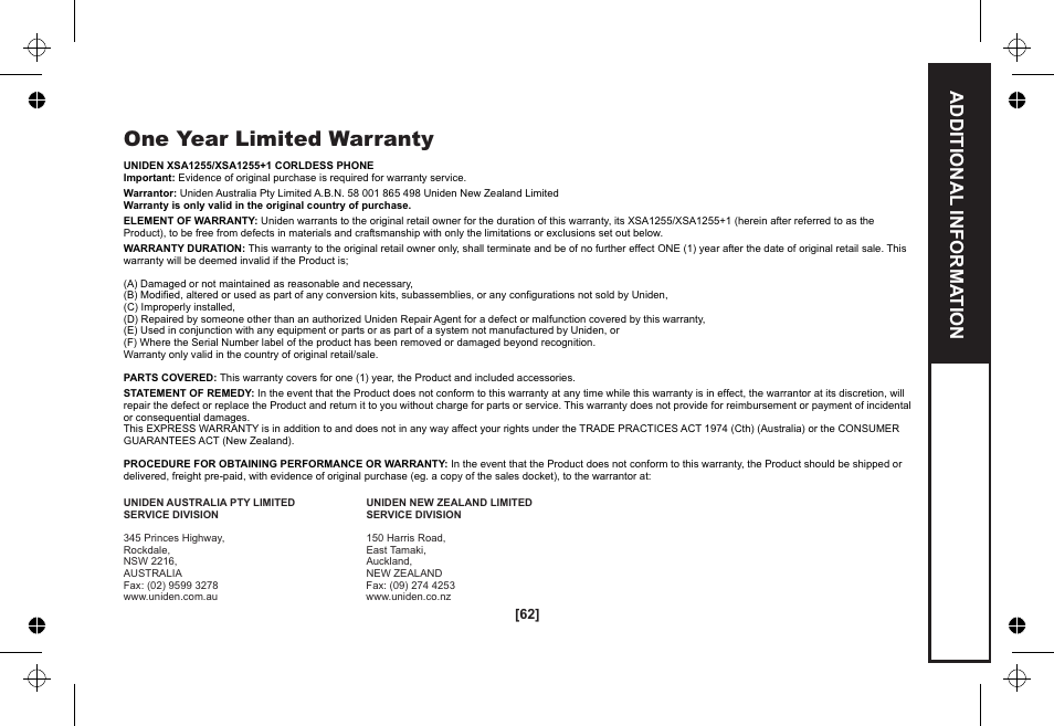 One year limited warranty | Uniden XSA1255 User Manual | Page 63 / 64