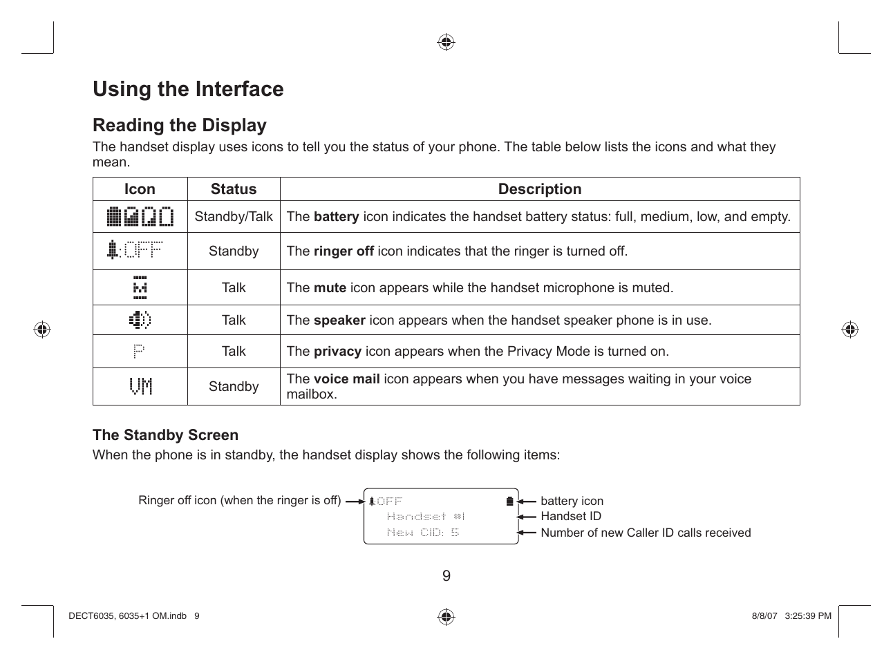 Using the interface, Reading the display | Uniden 6035 + 1 User Manual | Page 10 / 60