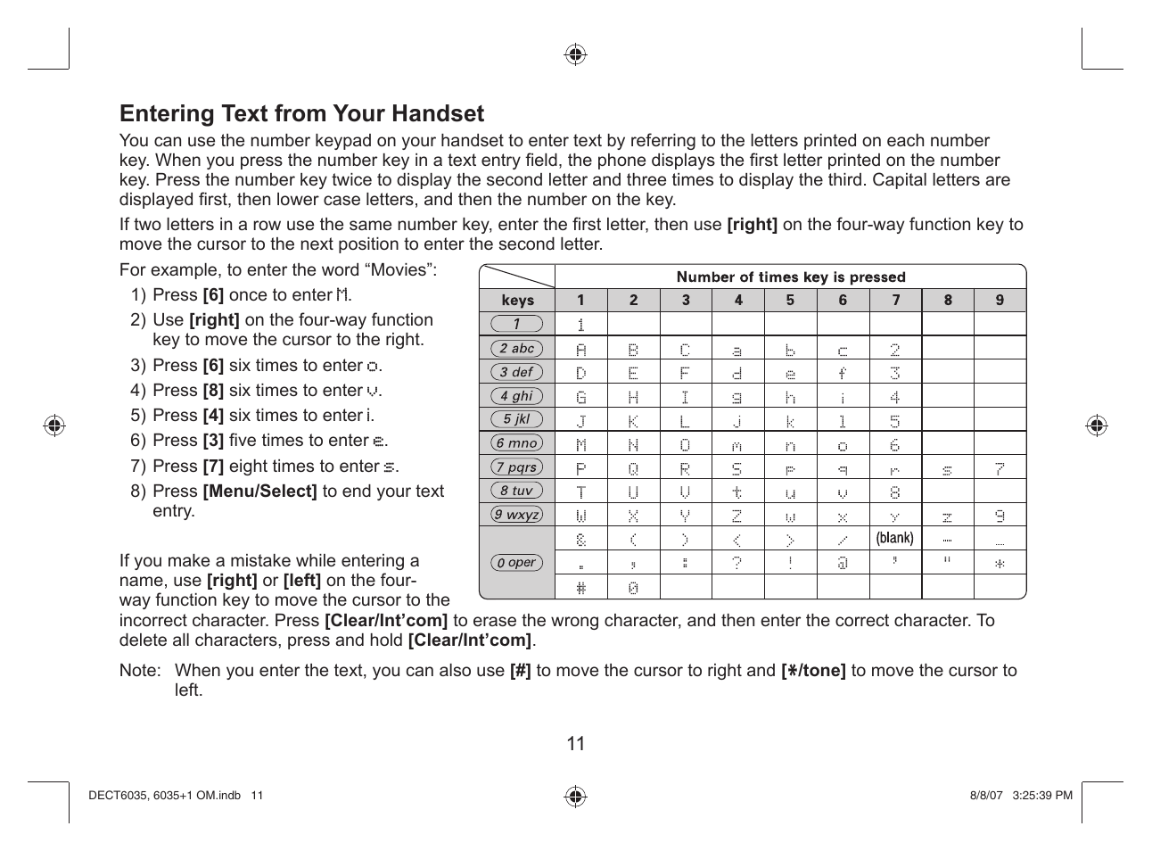Entering text from your handset | Uniden 6035 + 1 User Manual | Page 12 / 60