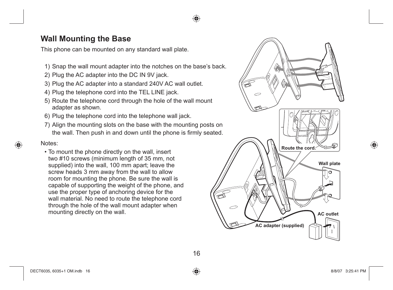 Wall mounting the base | Uniden 6035 + 1 User Manual | Page 17 / 60