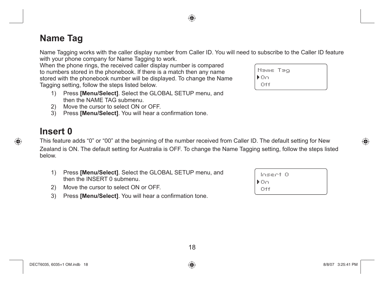 Name tag, Insert 0 | Uniden 6035 + 1 User Manual | Page 19 / 60