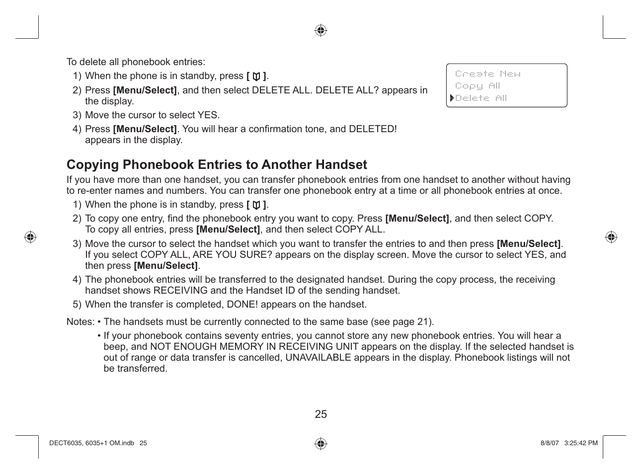 Copying phonebook entries to another handset | Uniden 6035 + 1 User Manual | Page 26 / 60