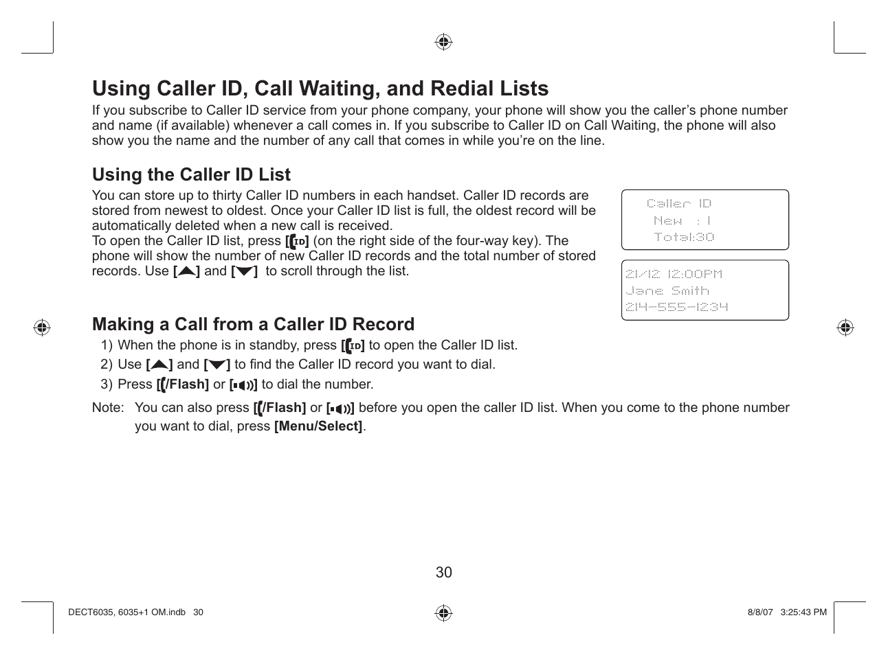 Using caller id, call waiting, and redial lists, Using the caller id list, Making a call from a caller id record | Uniden 6035 + 1 User Manual | Page 31 / 60
