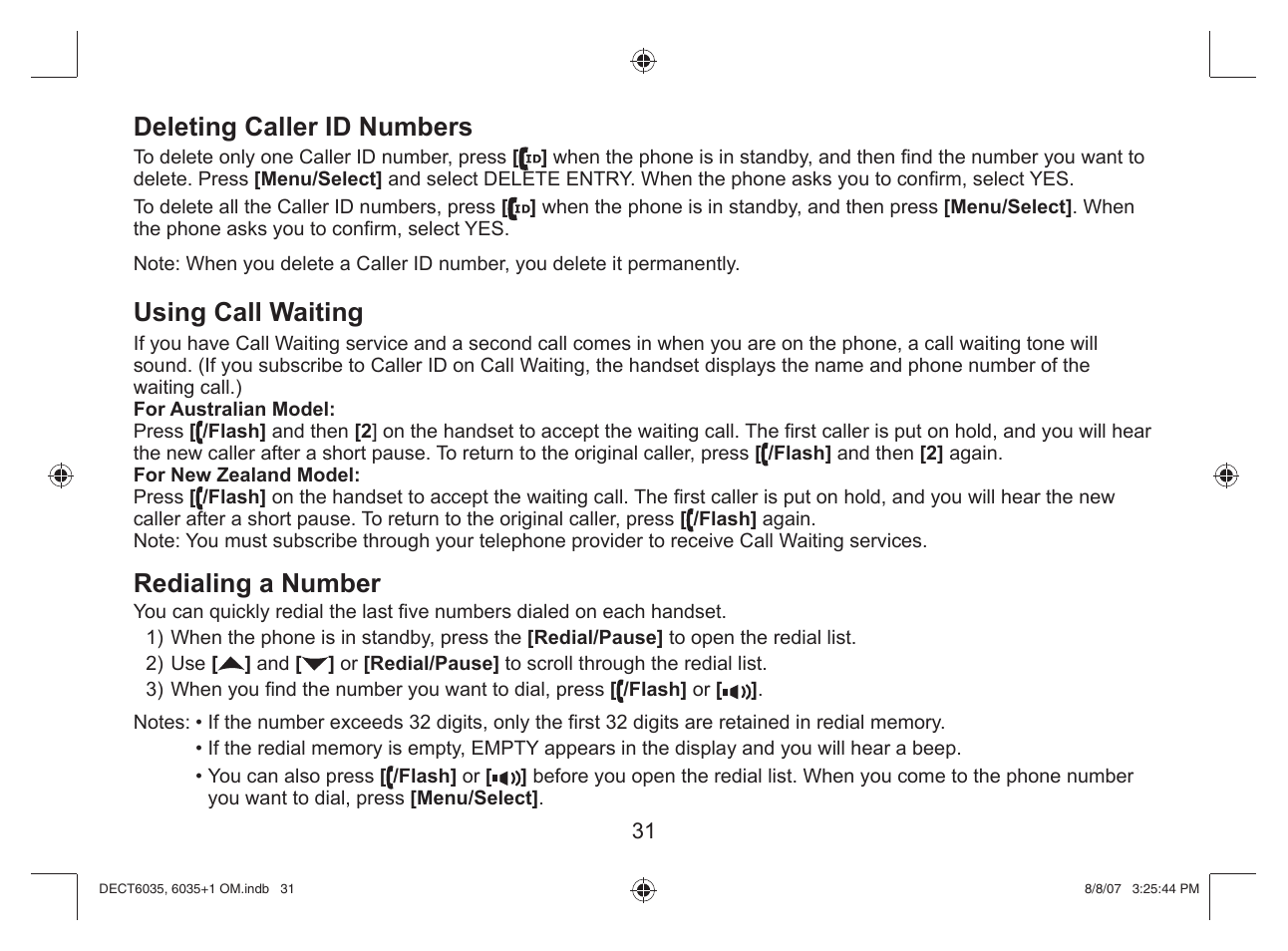 Deleting caller id numbers, Using call waiting, Redialing a number | Uniden 6035 + 1 User Manual | Page 32 / 60