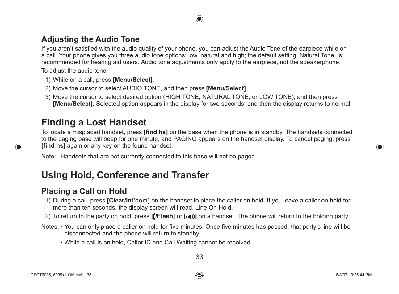 Finding a lost handset, Using hold, conference and transfer, Adjusting the audio tone | Placing a call on hold | Uniden 6035 + 1 User Manual | Page 34 / 60