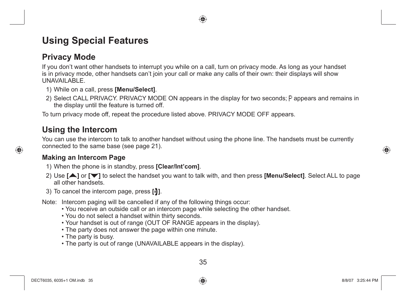 Using special features, Privacy mode, Using the intercom | Uniden 6035 + 1 User Manual | Page 36 / 60