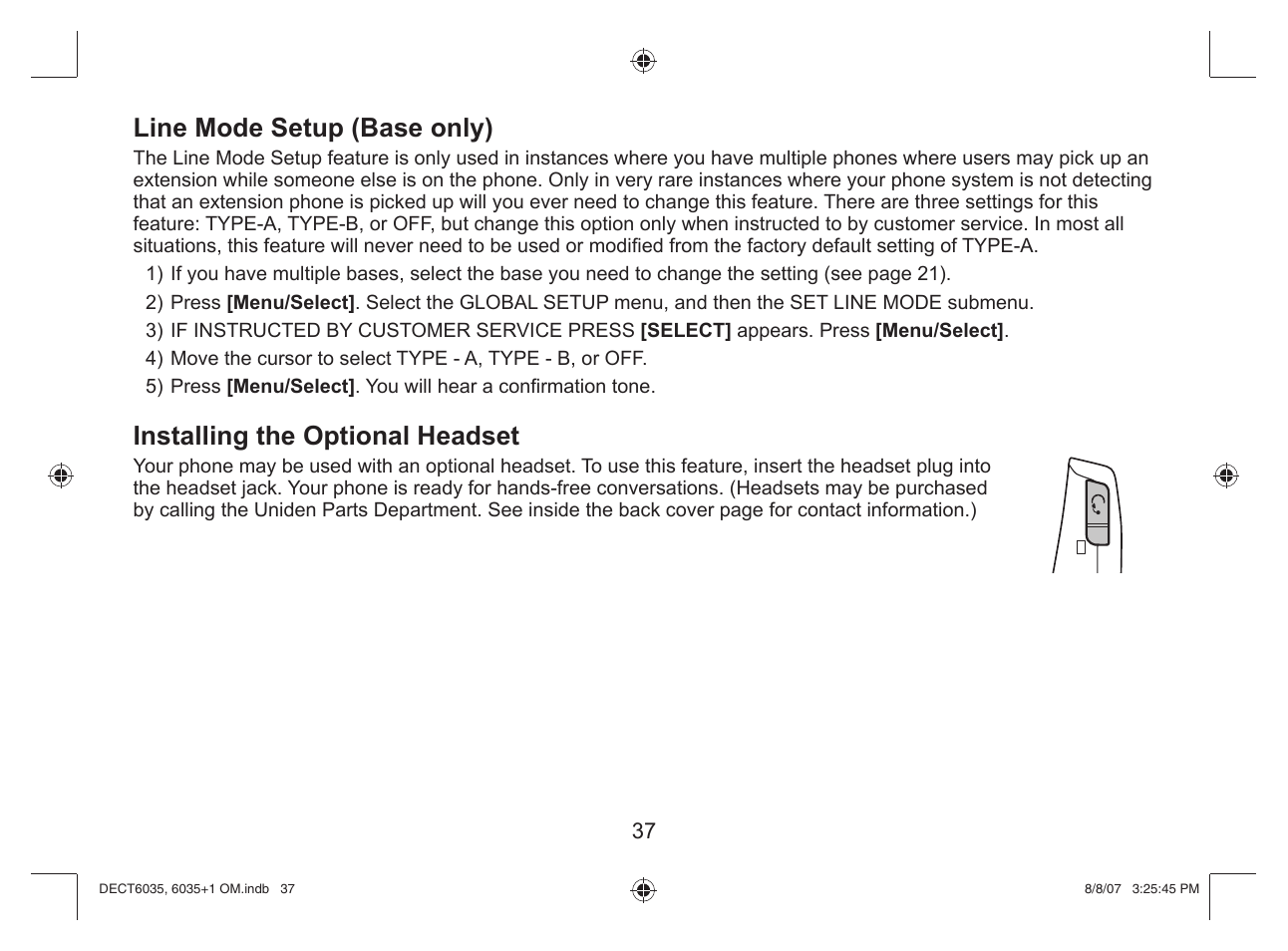 Line mode setup (base only), Installing the optional headset | Uniden 6035 + 1 User Manual | Page 38 / 60
