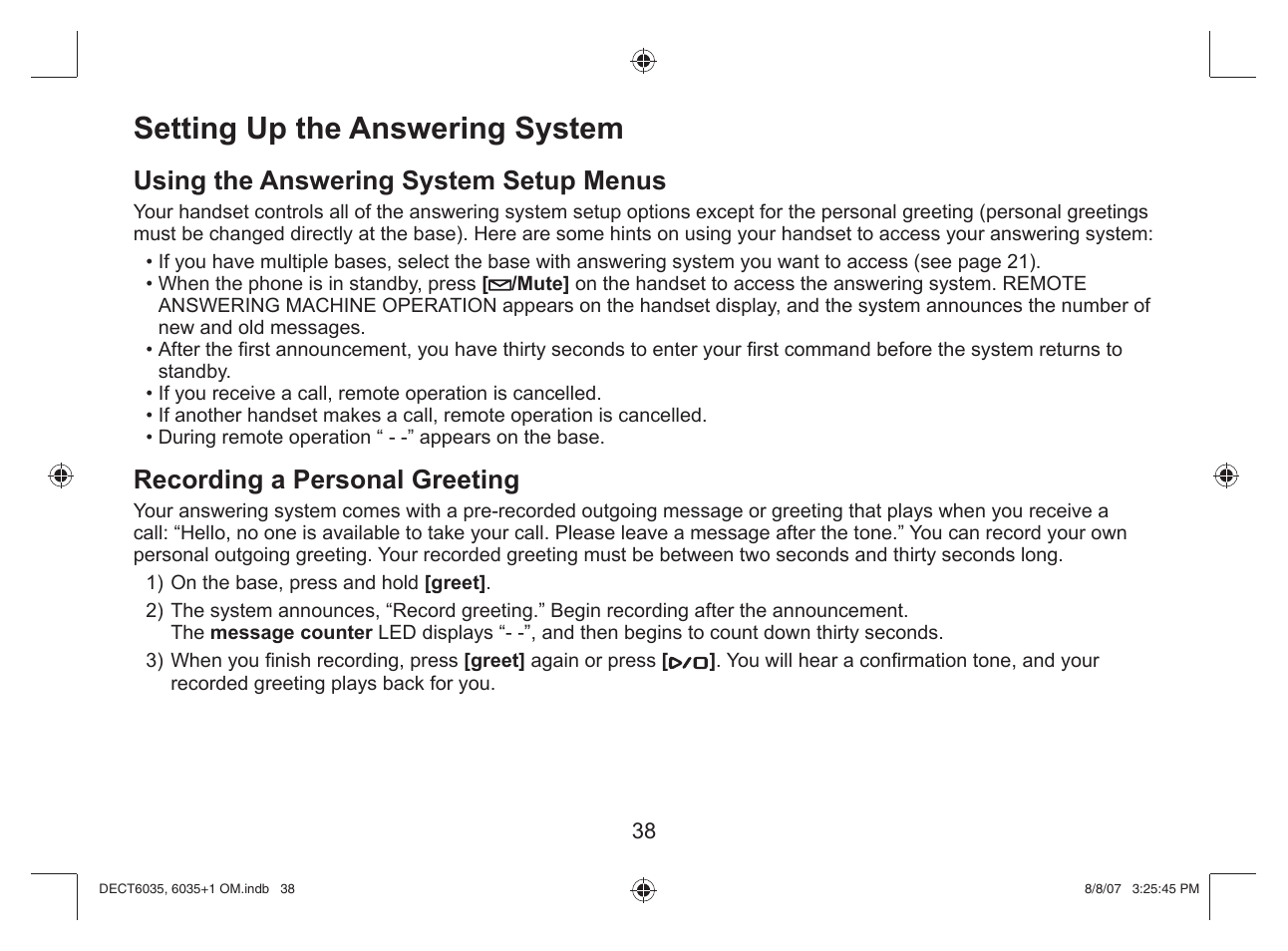 Setting up the answering system, Using the answering system setup menus, Recording a personal greeting | Uniden 6035 + 1 User Manual | Page 39 / 60