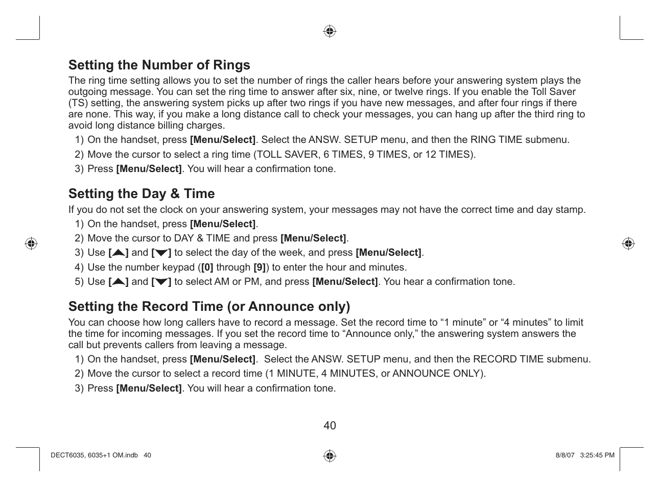 Setting the number of rings, Setting the day & time, Setting the record time (or announce only) | Uniden 6035 + 1 User Manual | Page 41 / 60