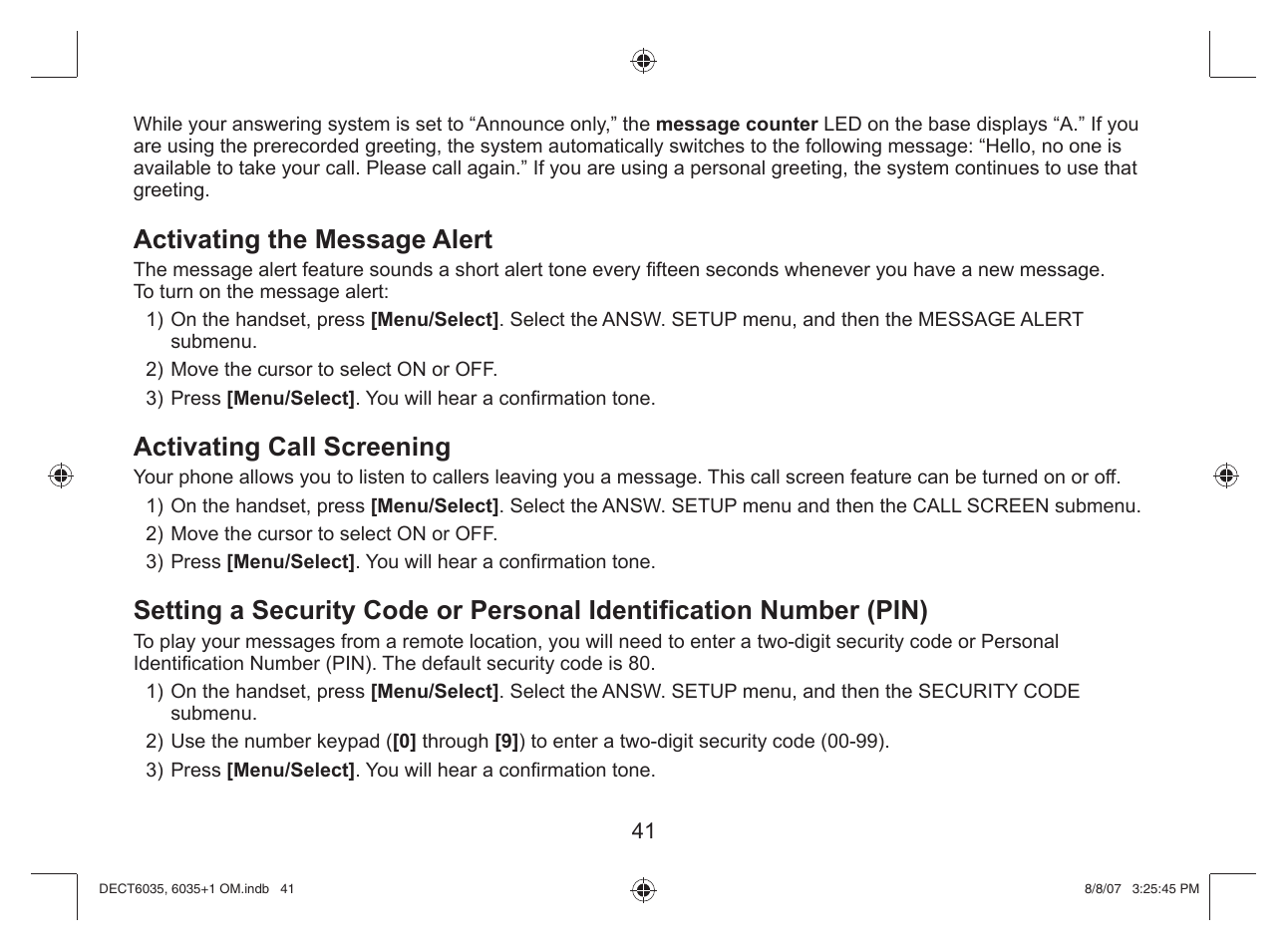 Activating the message alert, Activating call screening | Uniden 6035 + 1 User Manual | Page 42 / 60