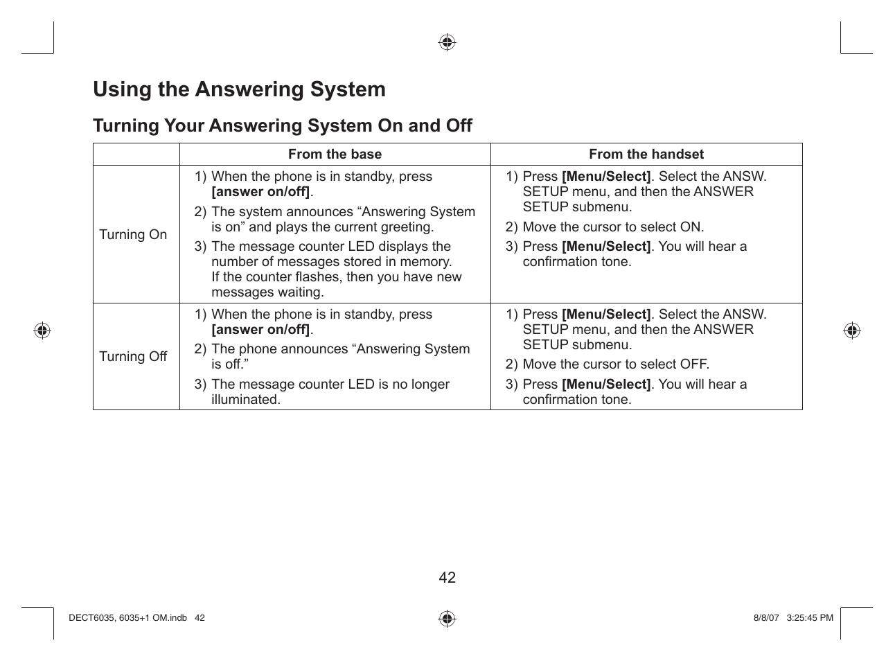 Using the answering system, Turning your answering system on and off | Uniden 6035 + 1 User Manual | Page 43 / 60