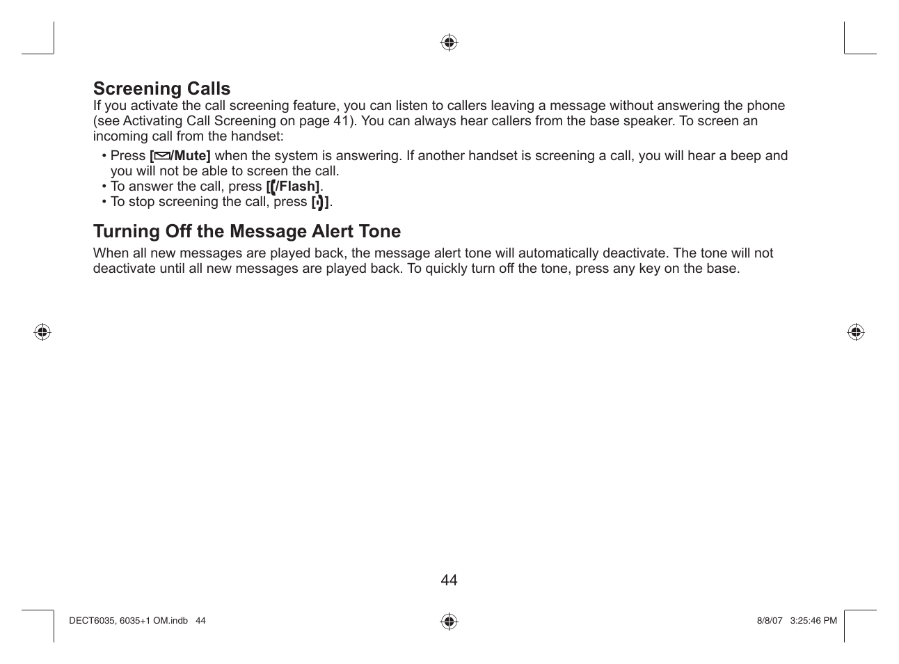 Screening calls, Turning off the message alert tone | Uniden 6035 + 1 User Manual | Page 45 / 60