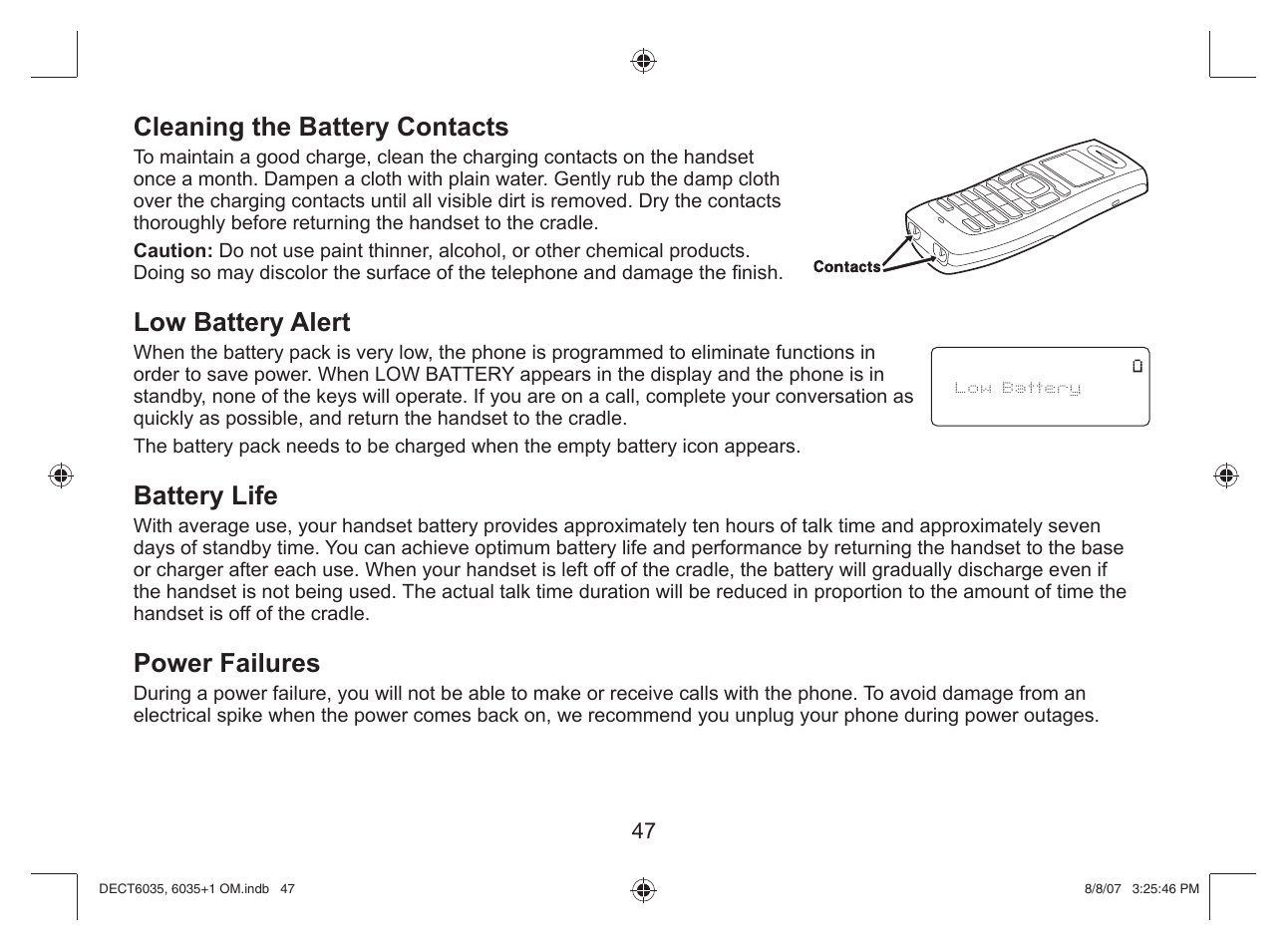 Cleaning the battery contacts, Low battery alert, Battery life | Power failures | Uniden 6035 + 1 User Manual | Page 48 / 60