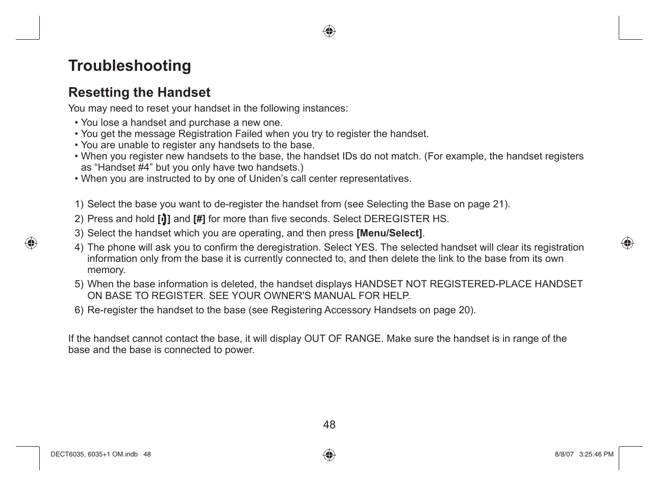 Troubleshooting, Resetting the handset | Uniden 6035 + 1 User Manual | Page 49 / 60