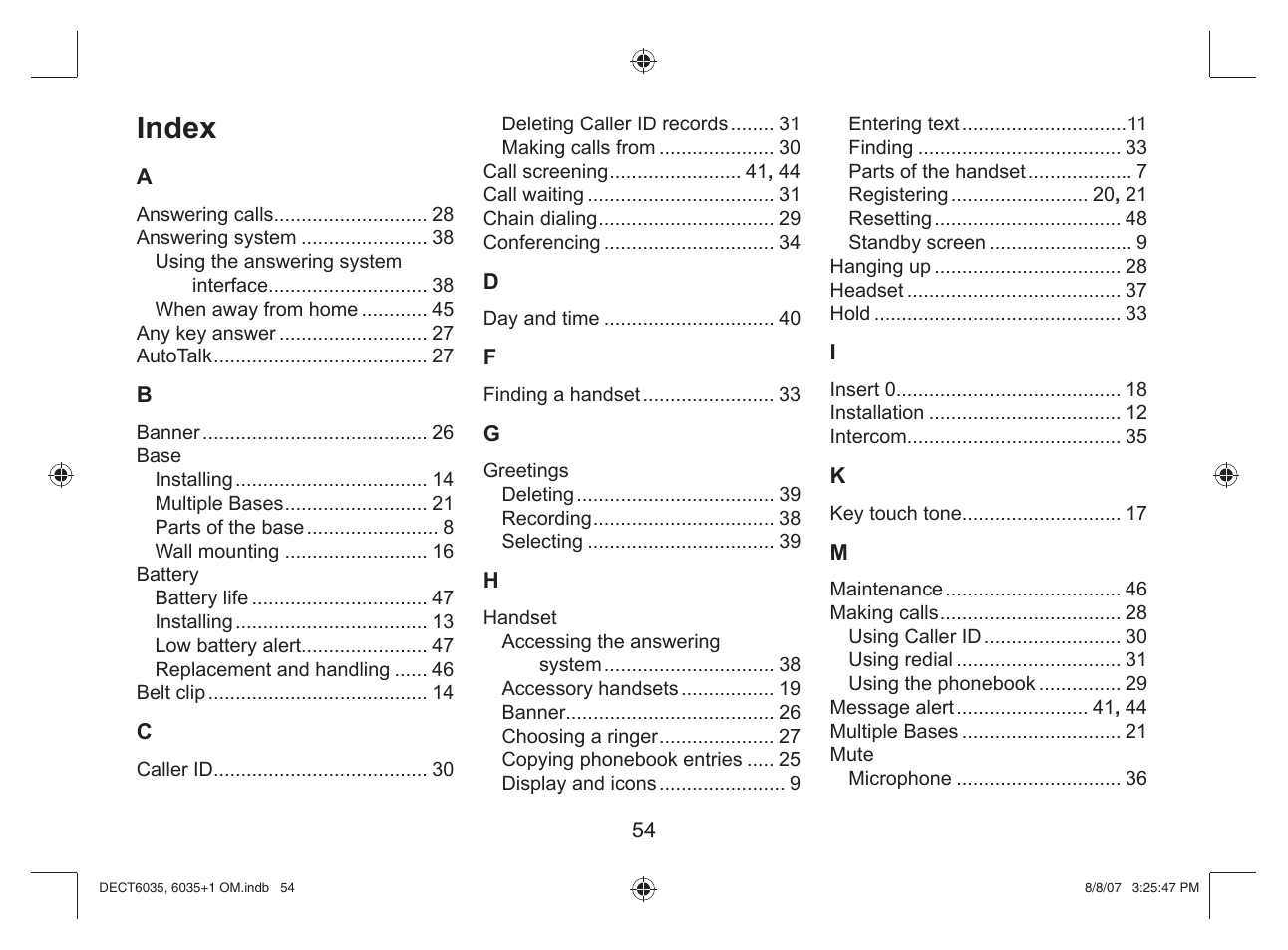 Index | Uniden 6035 + 1 User Manual | Page 55 / 60