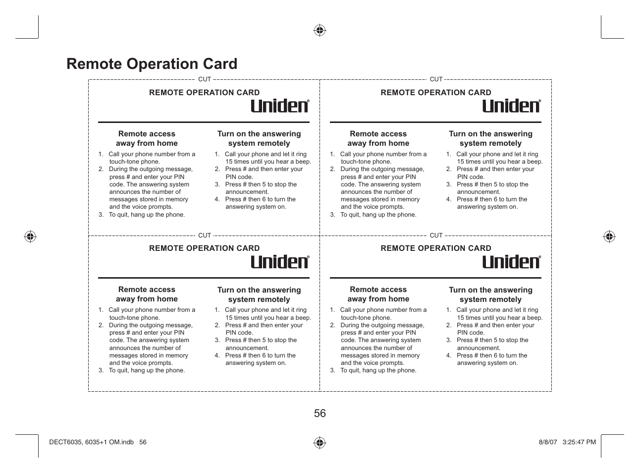 Remote operation card | Uniden 6035 + 1 User Manual | Page 57 / 60