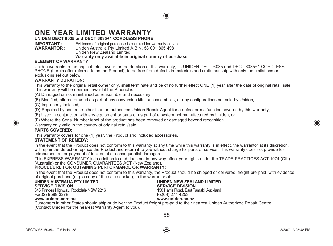 One year limited warranty | Uniden 6035 + 1 User Manual | Page 59 / 60