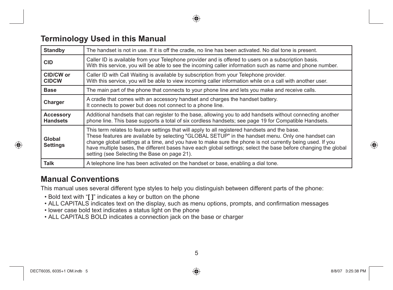 Terminology used in this manual, Manual conventions | Uniden 6035 + 1 User Manual | Page 6 / 60