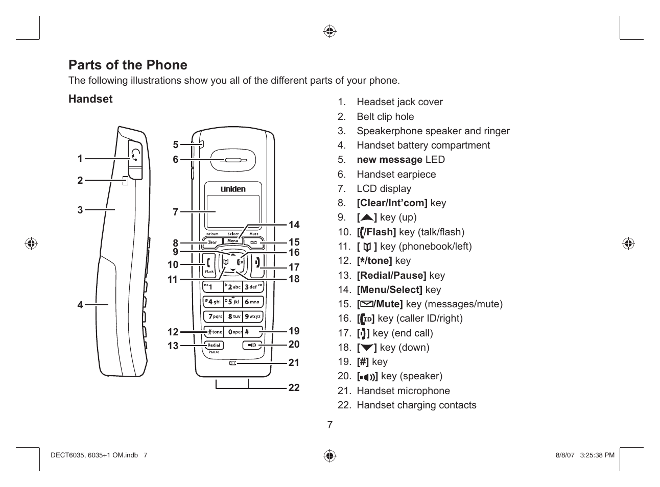 Parts of the phone | Uniden 6035 + 1 User Manual | Page 8 / 60