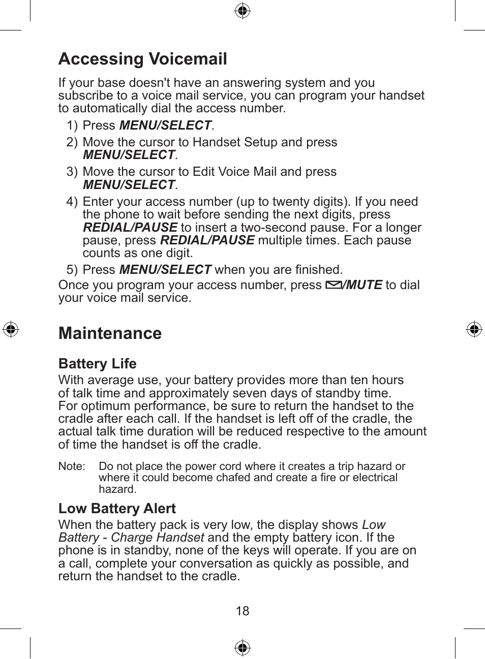 Accessing voicemail, Maintenance | Uniden DECT 2035 Series User Manual | Page 19 / 24
