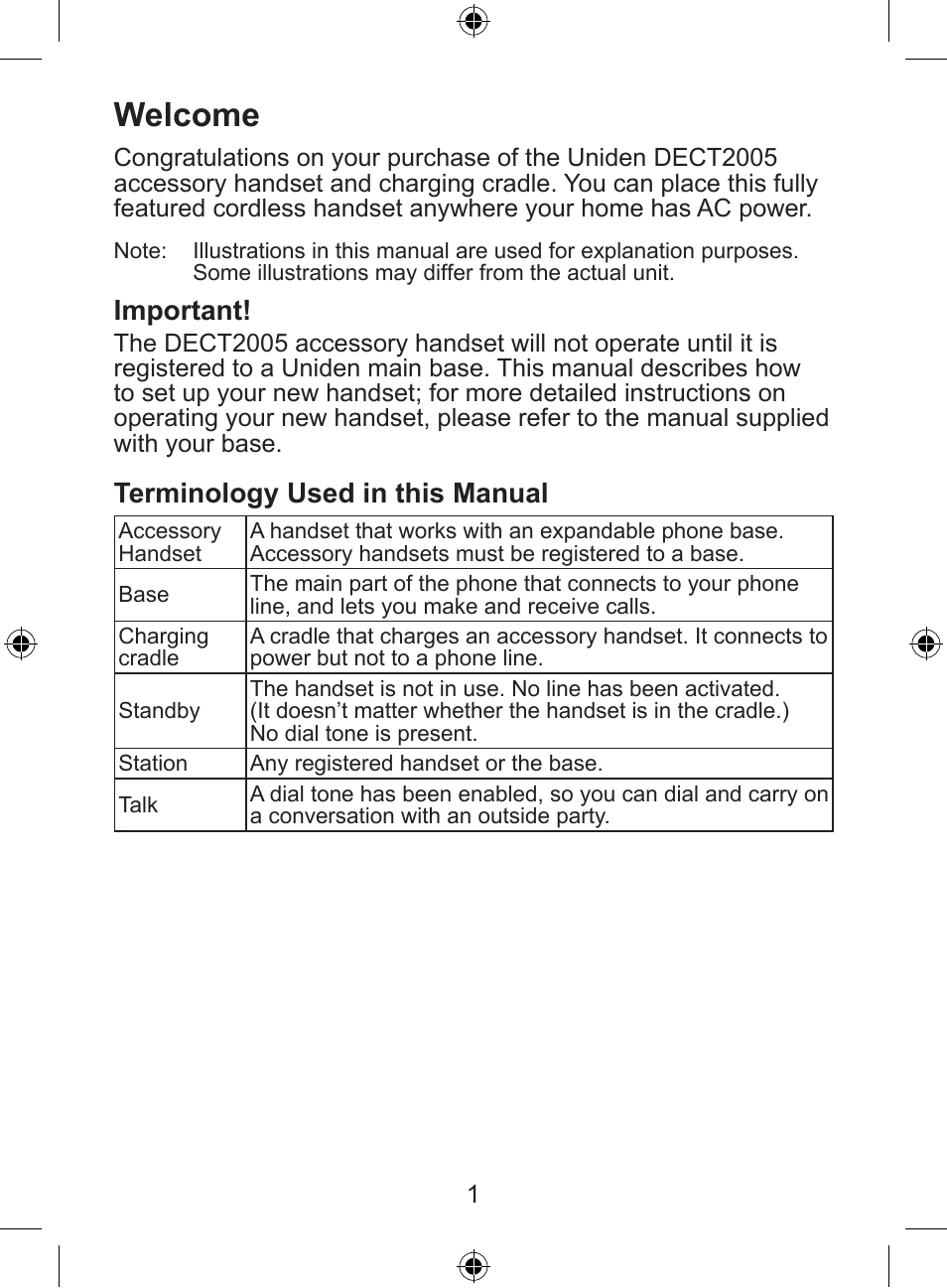 Welcome, Important, Terminology used in this manual | Uniden DECT 2035 Series User Manual | Page 2 / 24