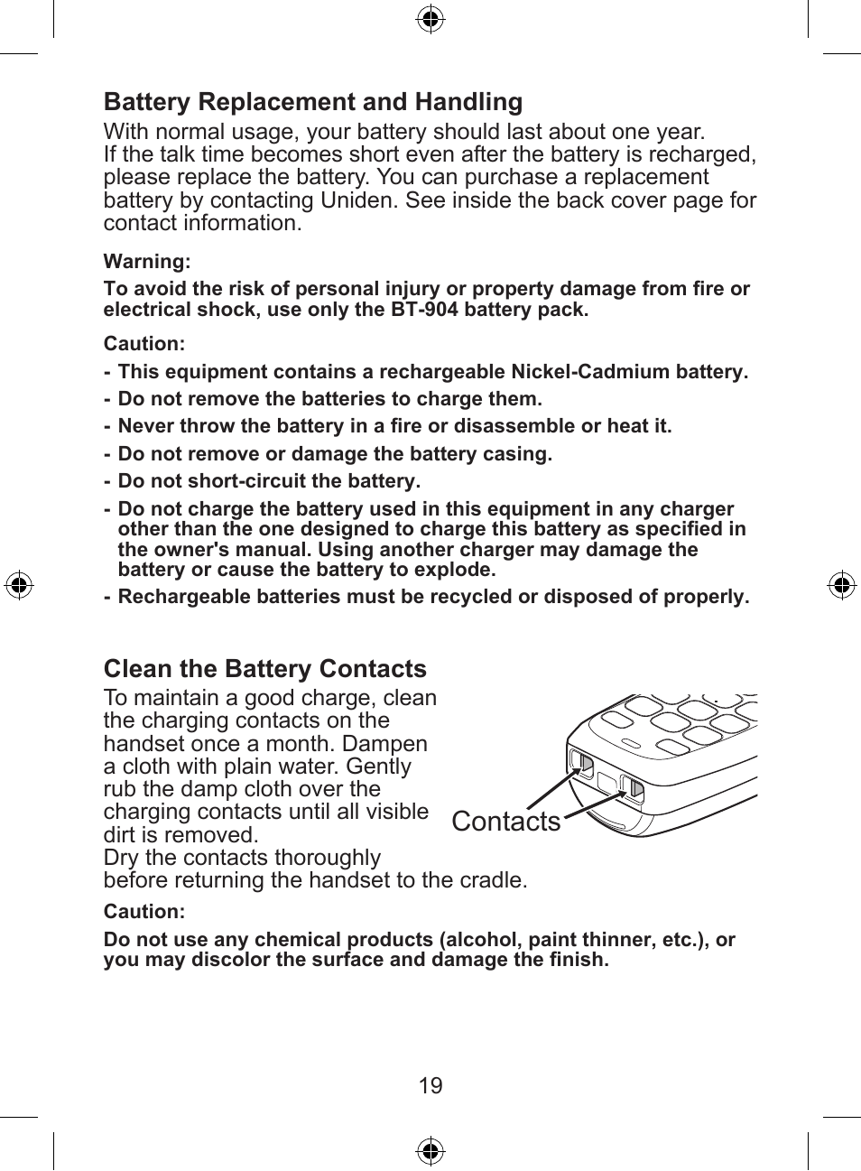 Contacts, Battery replacement and handling, Clean the battery contacts | Uniden DECT 2035 Series User Manual | Page 20 / 24