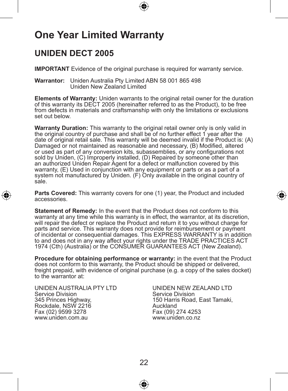 One year limited warranty, Uniden dect 2005 | Uniden DECT 2035 Series User Manual | Page 23 / 24