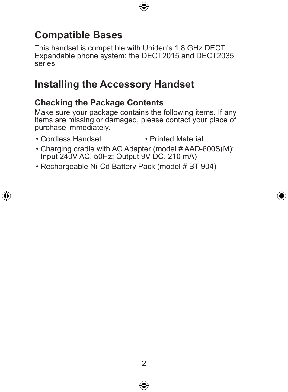 Compatible bases, Installing the accessory handset | Uniden DECT 2035 Series User Manual | Page 3 / 24
