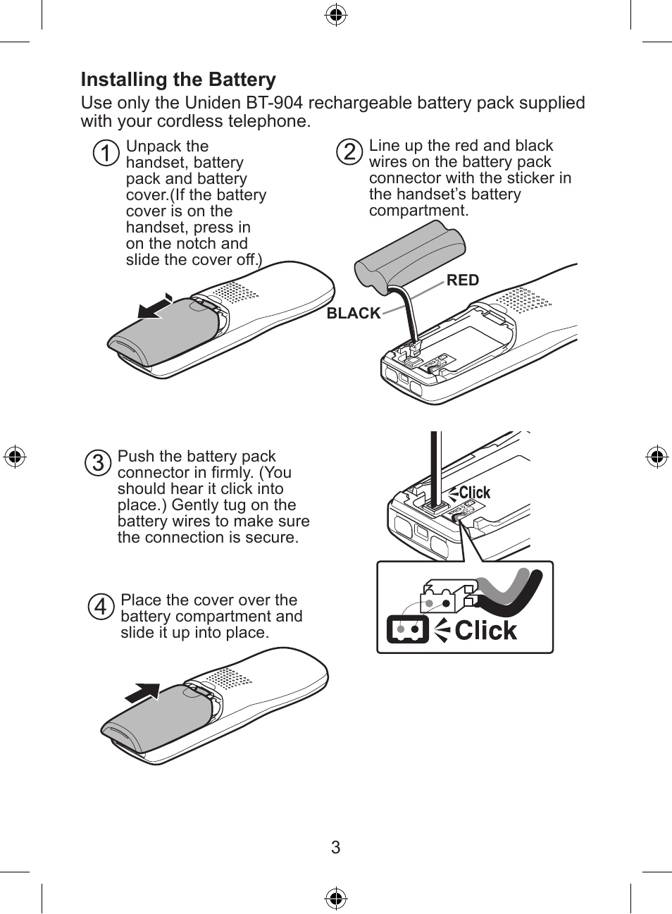 Installing the battery | Uniden DECT 2035 Series User Manual | Page 4 / 24