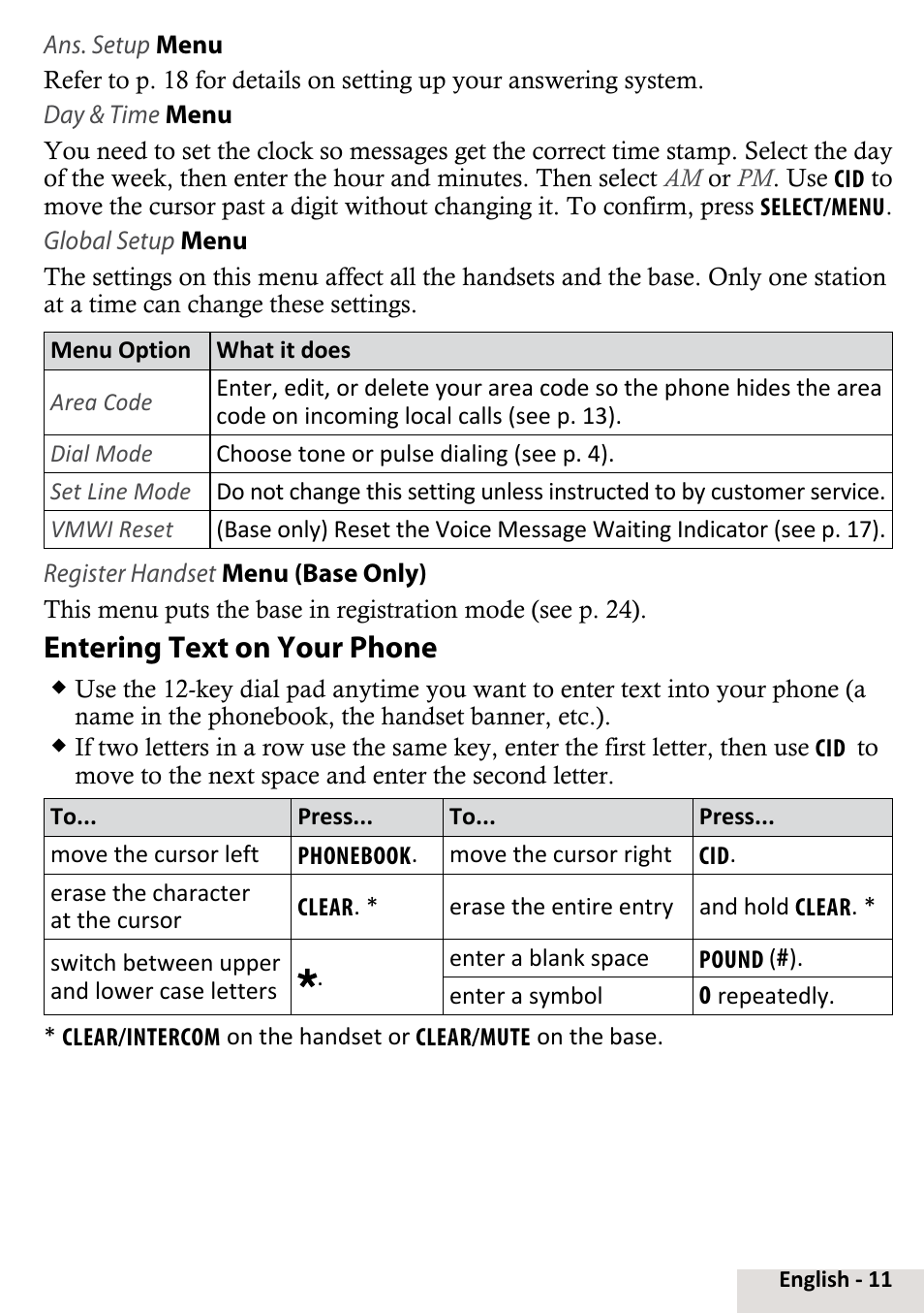 Entering text on your phone | Uniden D2998-6 User Manual | Page 11 / 28