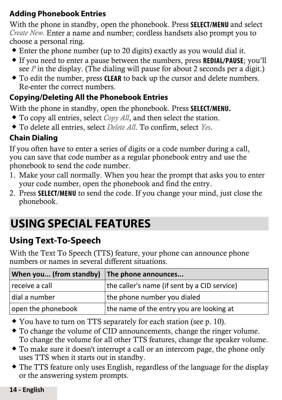 Using special features, Using text-to-speech | Uniden D2998-6 User Manual | Page 14 / 28