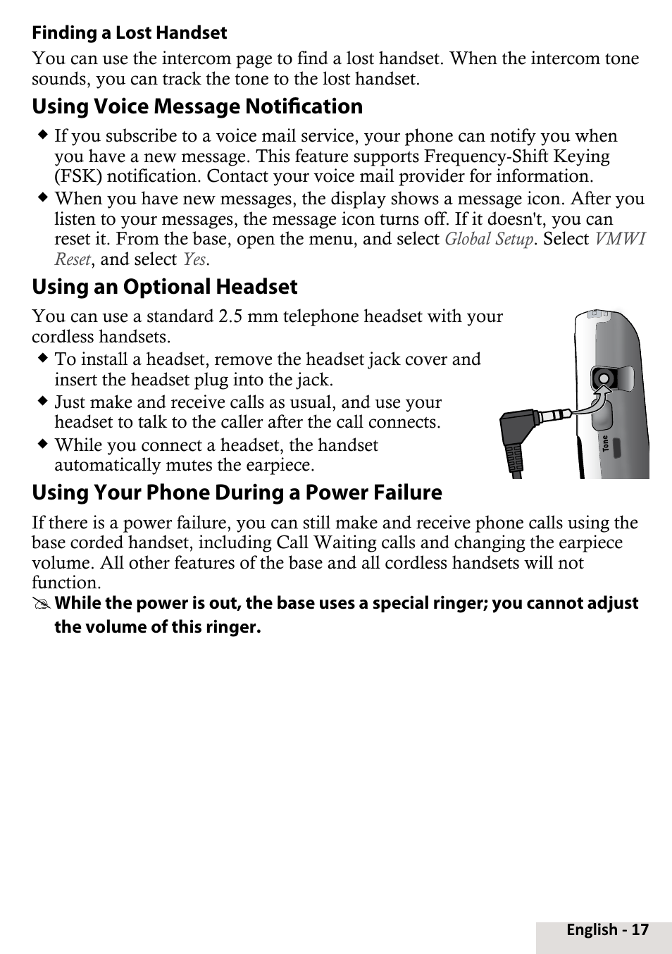 Using voice message notification, Using an optional headset, Using your phone during a power failure | Using your phone during a power, Failure | Uniden D2998-6 User Manual | Page 17 / 28