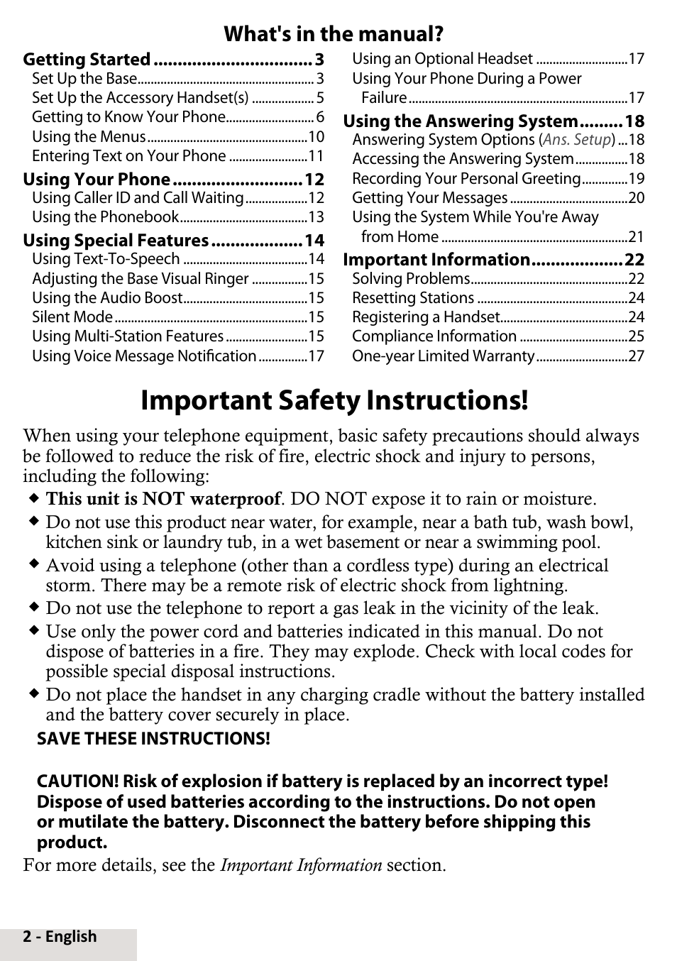 Important safety instructions, What's in the manual | Uniden D2998-6 User Manual | Page 2 / 28
