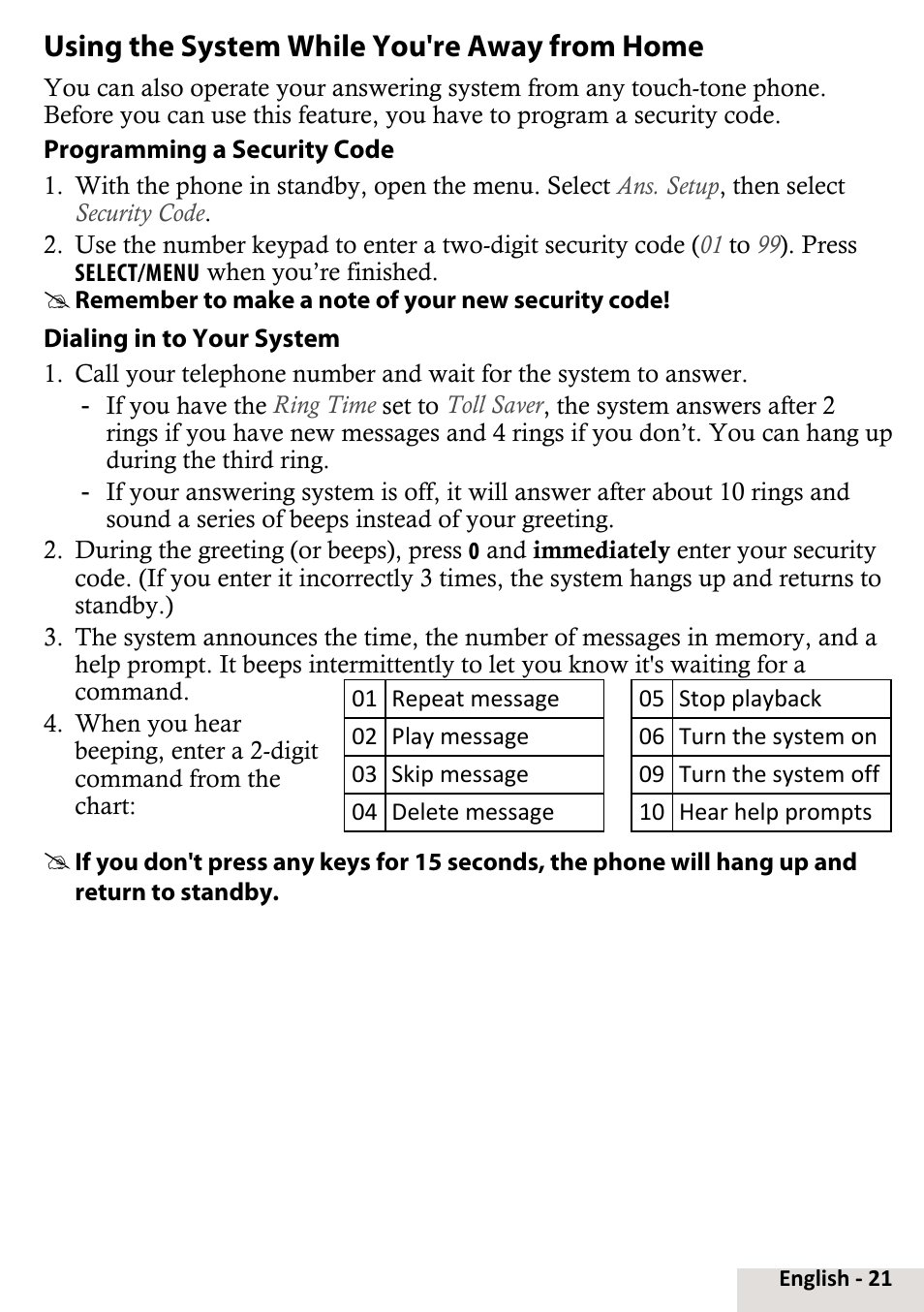 Using the system while you're away from home, Using the system while you're away, From home | Uniden D2998-6 User Manual | Page 21 / 28